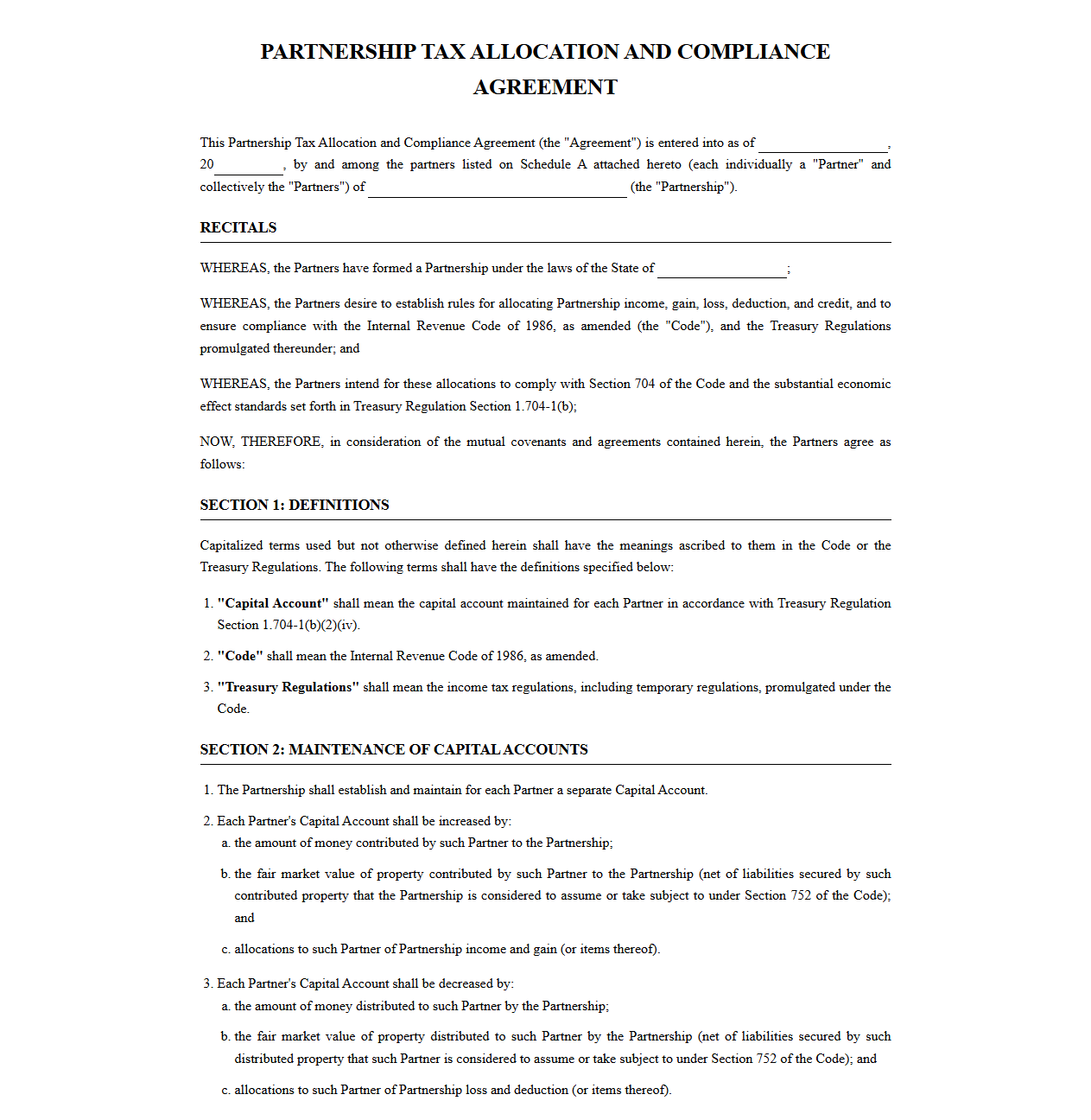 Partnership Tax Allocation and Compliance Agreement Template