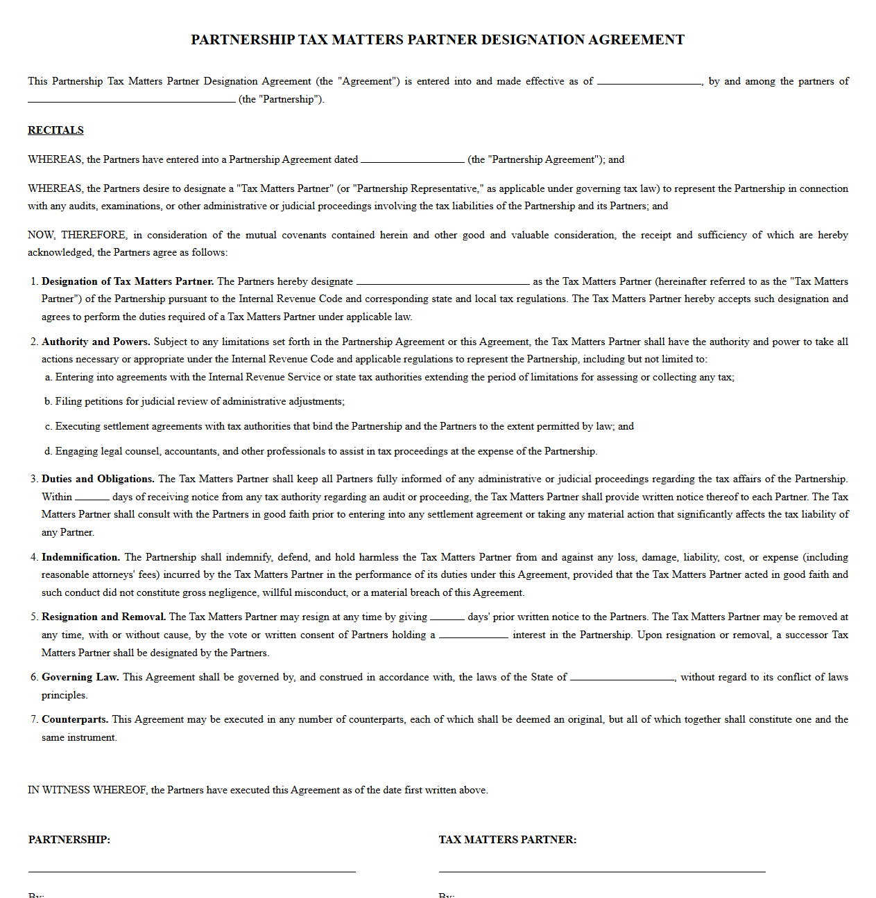 Partnership Tax Matters Partner Designation Agreement