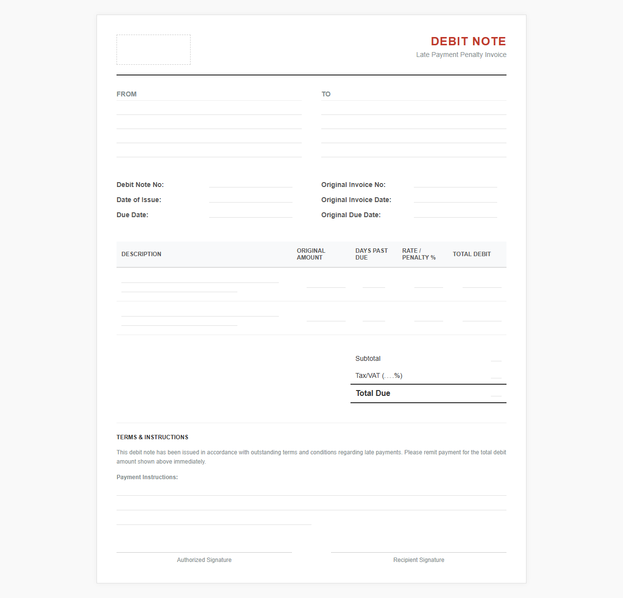 Past Due Payment Penalty Debit Invoice Template