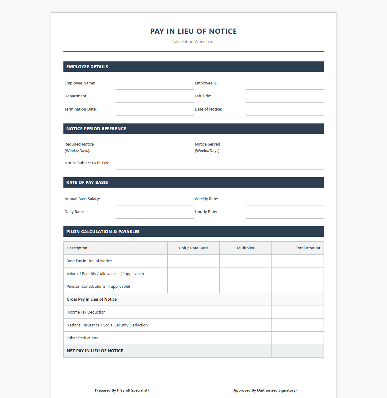 Pay in Lieu of Notice Calculation Worksheet