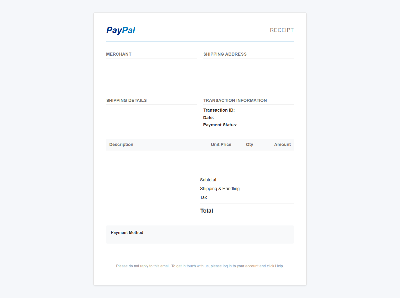 PayPal Customer Receipt Template