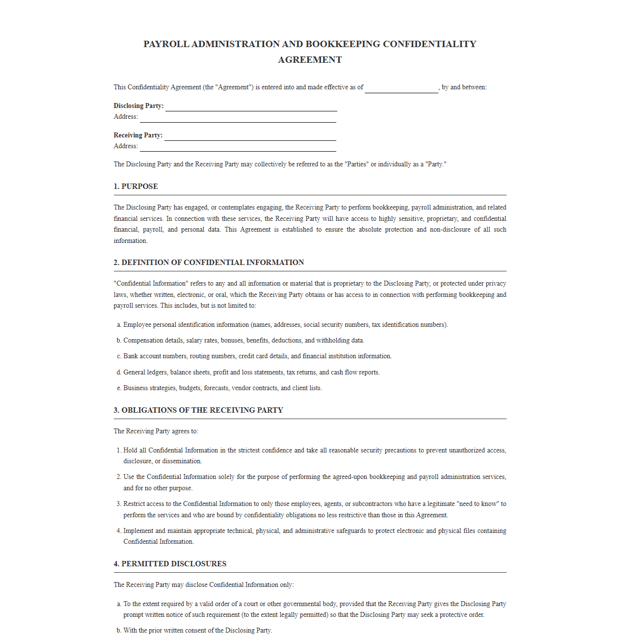 Payroll Administration and Bookkeeping Confidentiality Contract