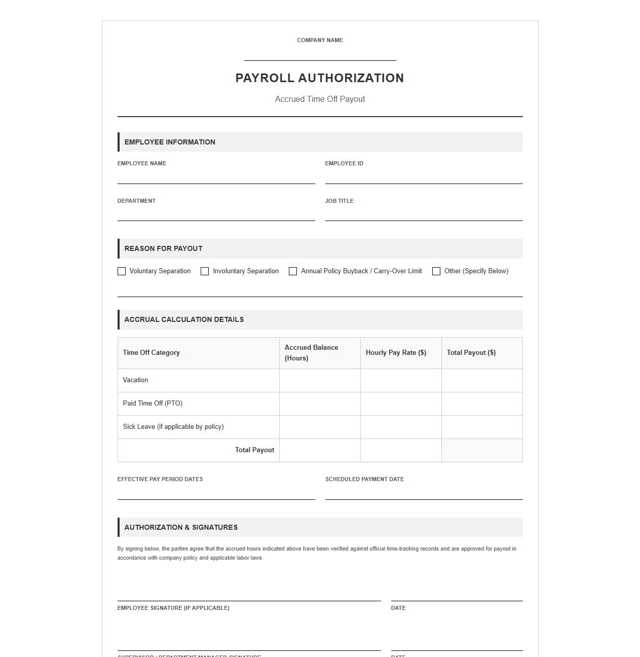 Payroll Authorization for Accrued Time Off Payout