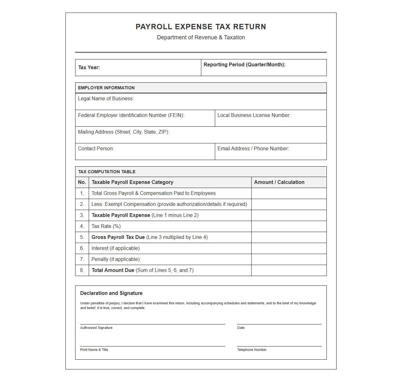 Payroll Expense Tax Return Form Template