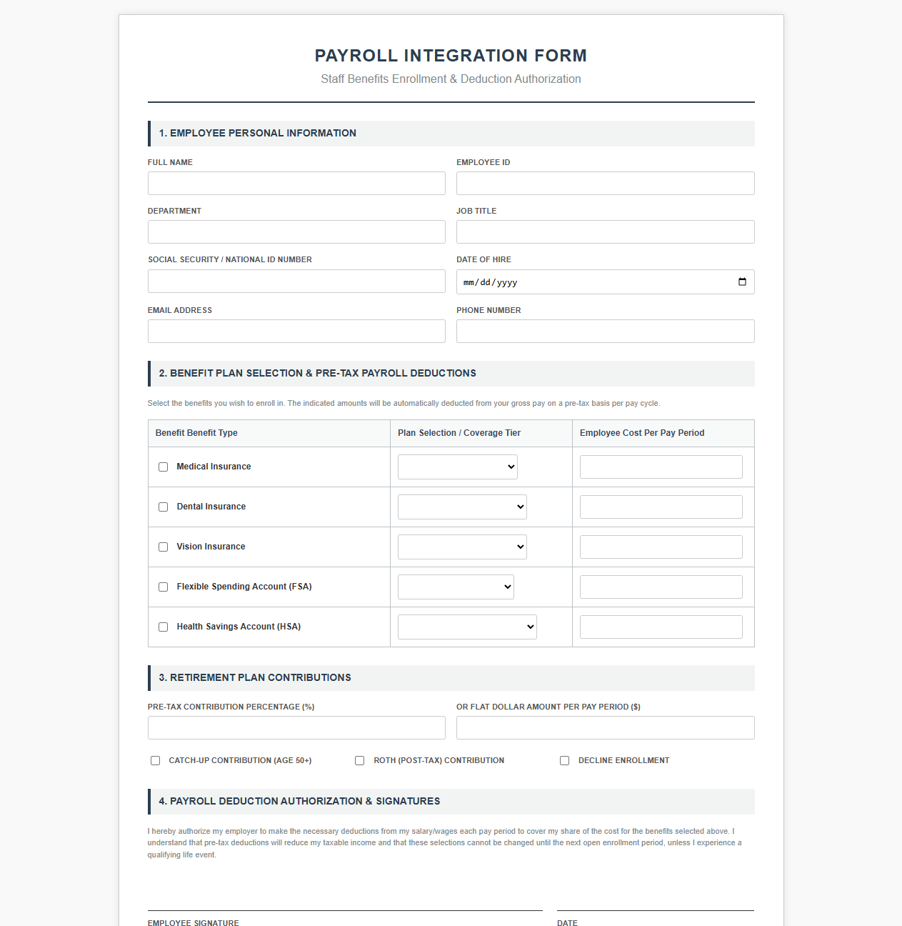 Payroll Integration Form for Staff Benefits Enrollment
