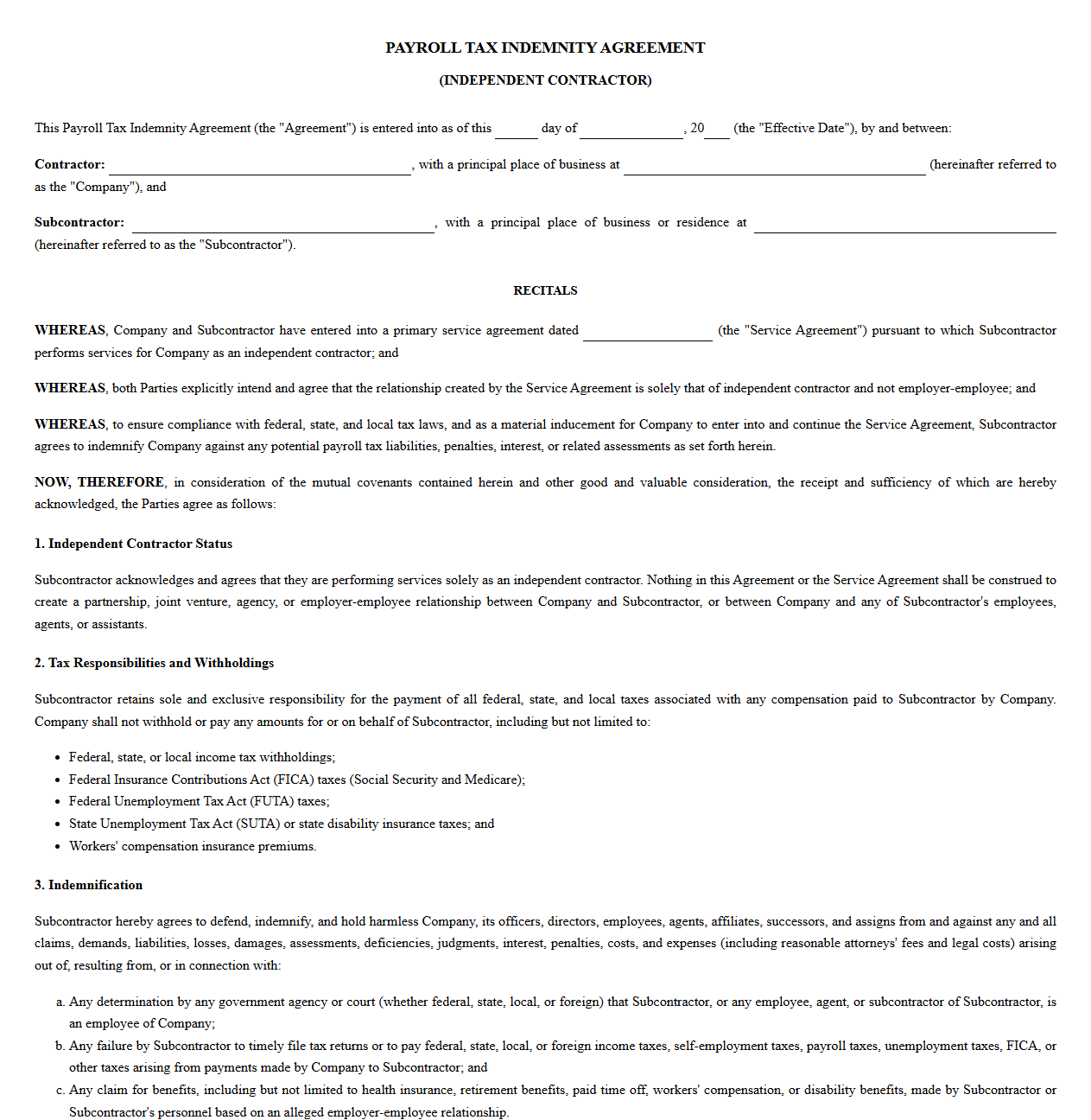 Payroll Tax Indemnity Agreement for Independent Contractors