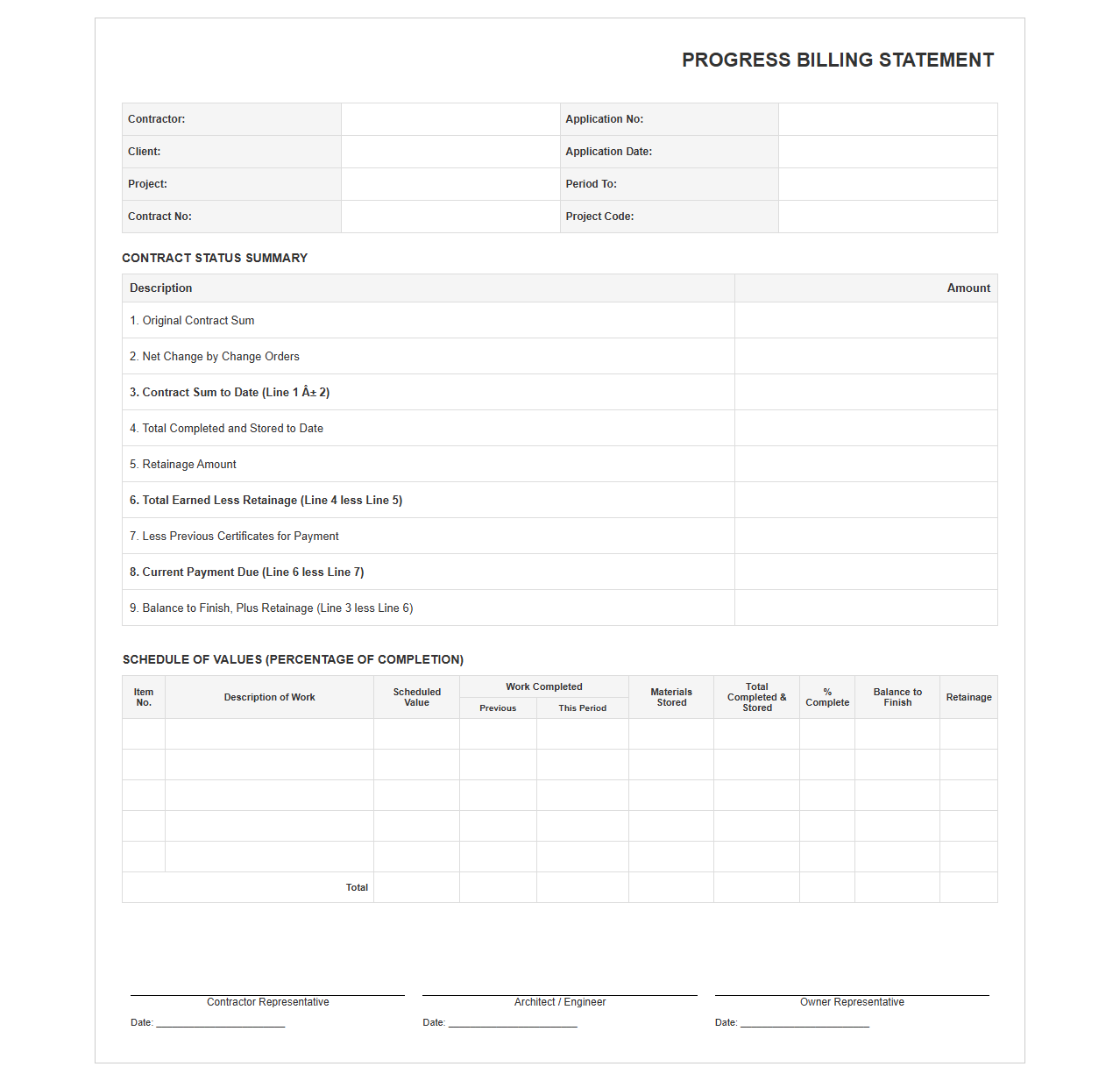 Percentage of Completion Billing Statement