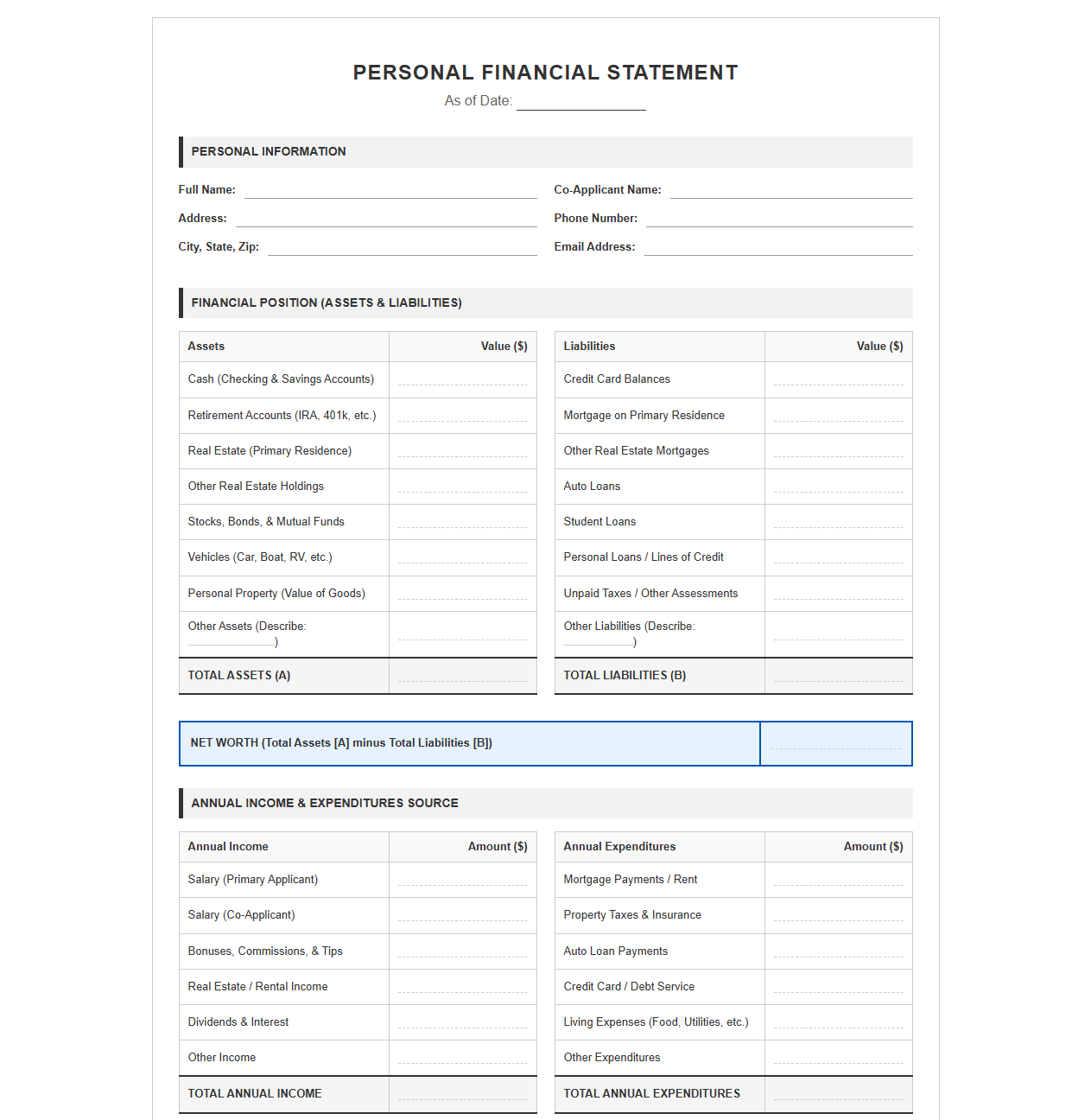Personal Financial Statement Template