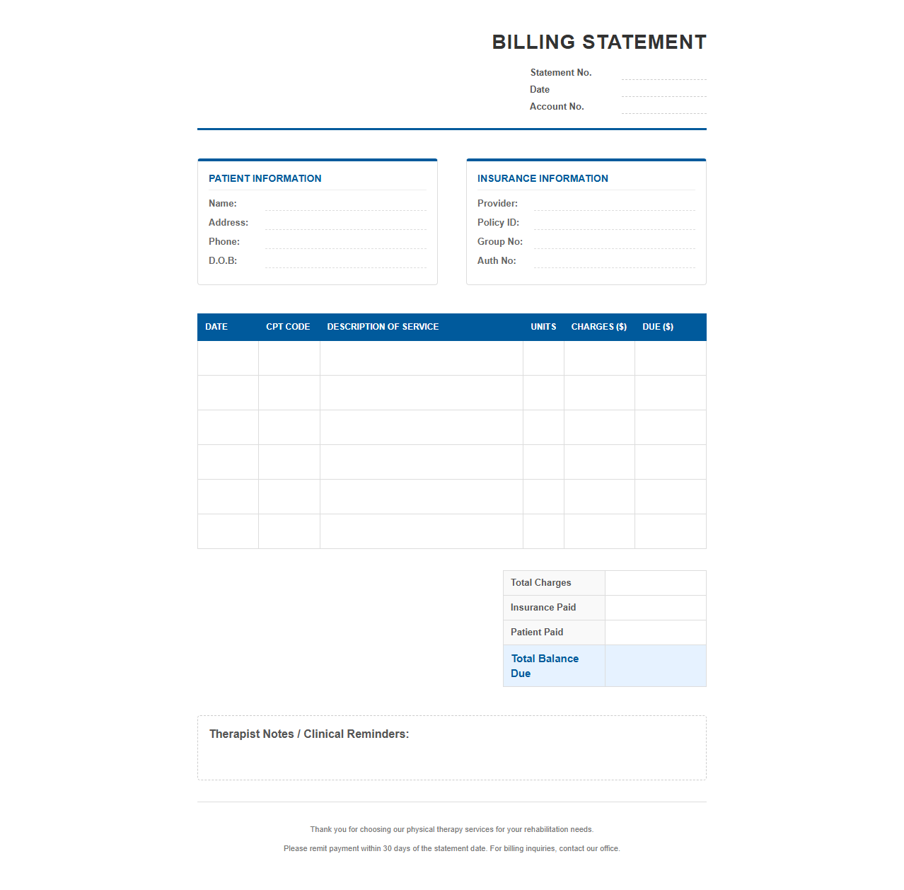 Physical Therapy Billing Statement Template