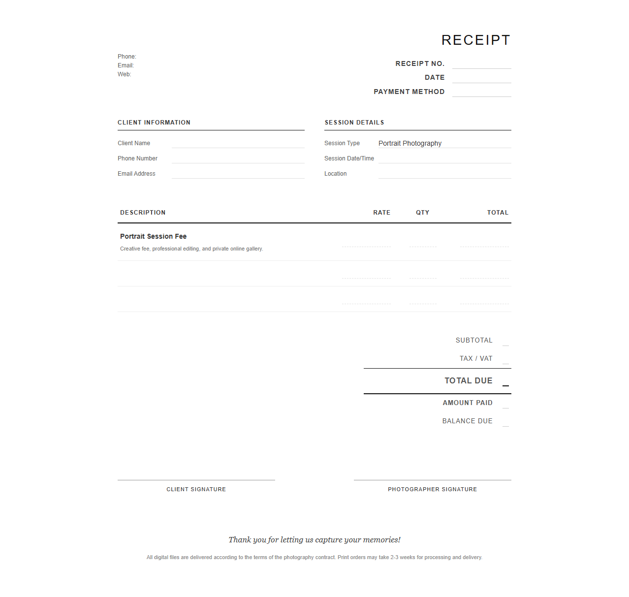 Portrait Photography Session Payment Receipt