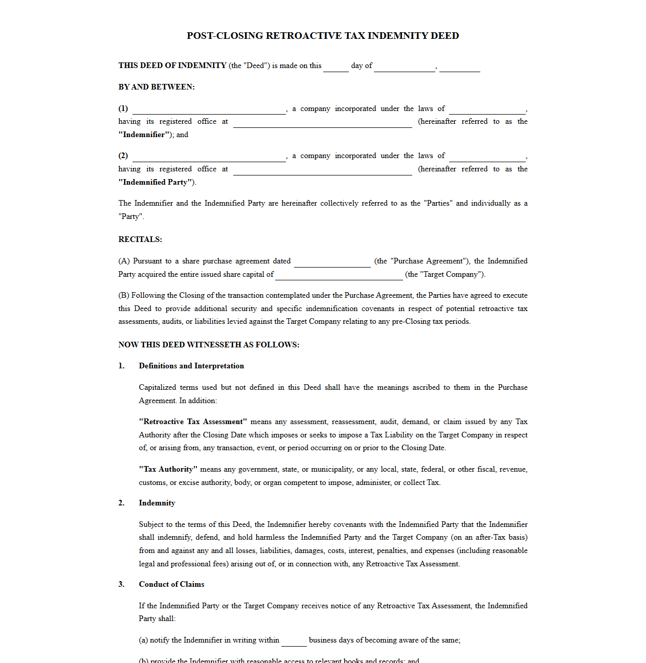 Post-Closing Retroactive Tax Indemnity Deed