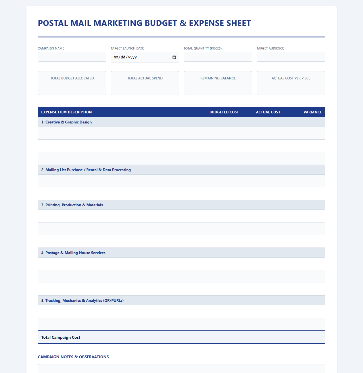 Postal Mail Marketing Budget and Expense Sheet