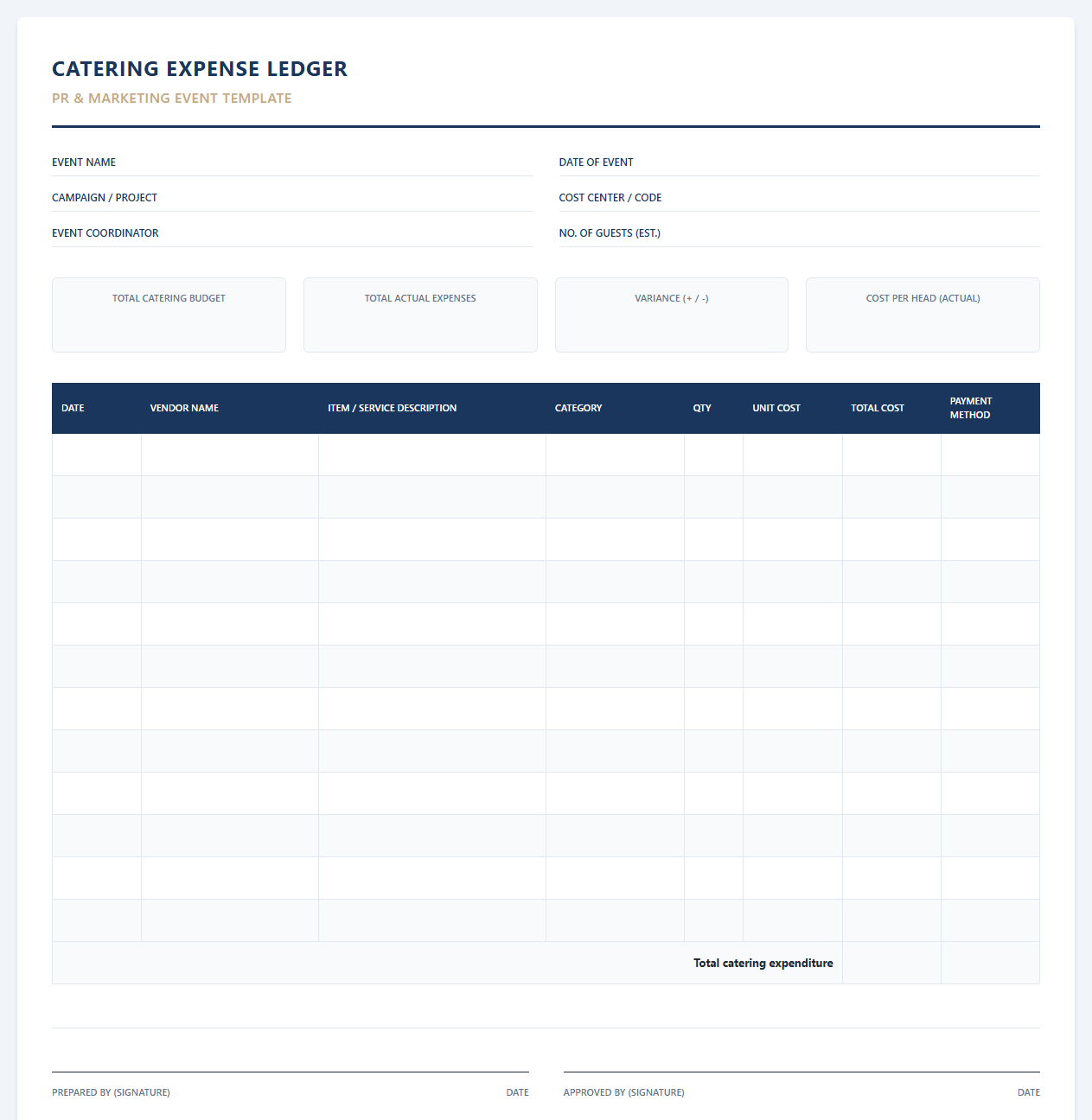 PR and Marketing Event Catering Expense Ledger