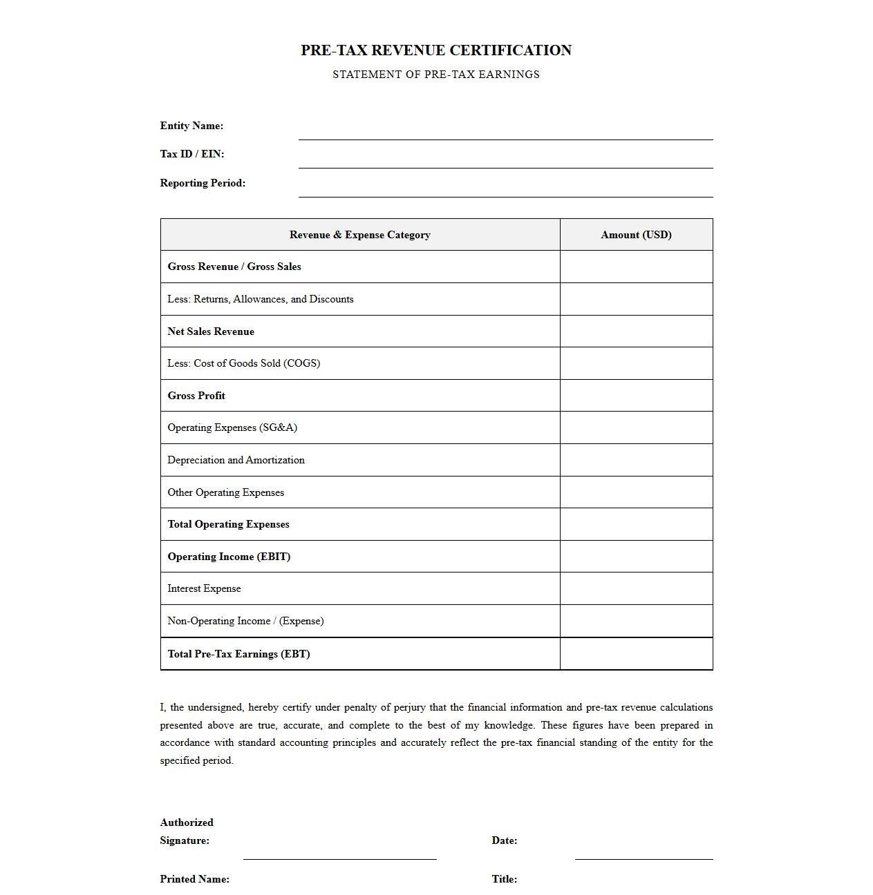 Pre-Tax Revenue Certification Template
