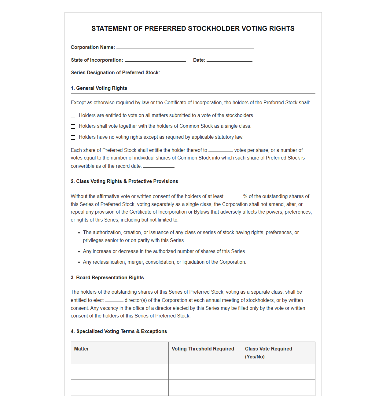 Preferred Stockholder Voting Rights Statement Template