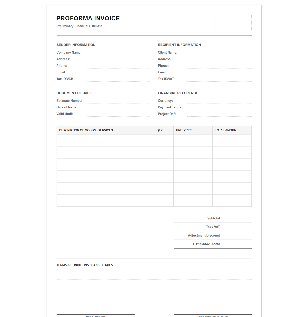 Preliminary Financial Estimate Proforma Invoice