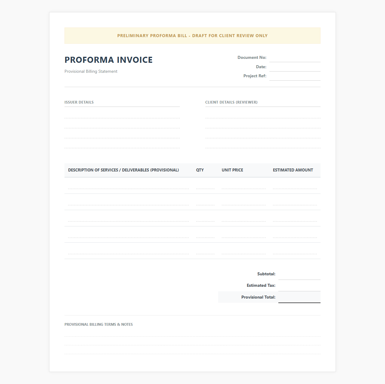 Preliminary Proforma Bill for Client Review