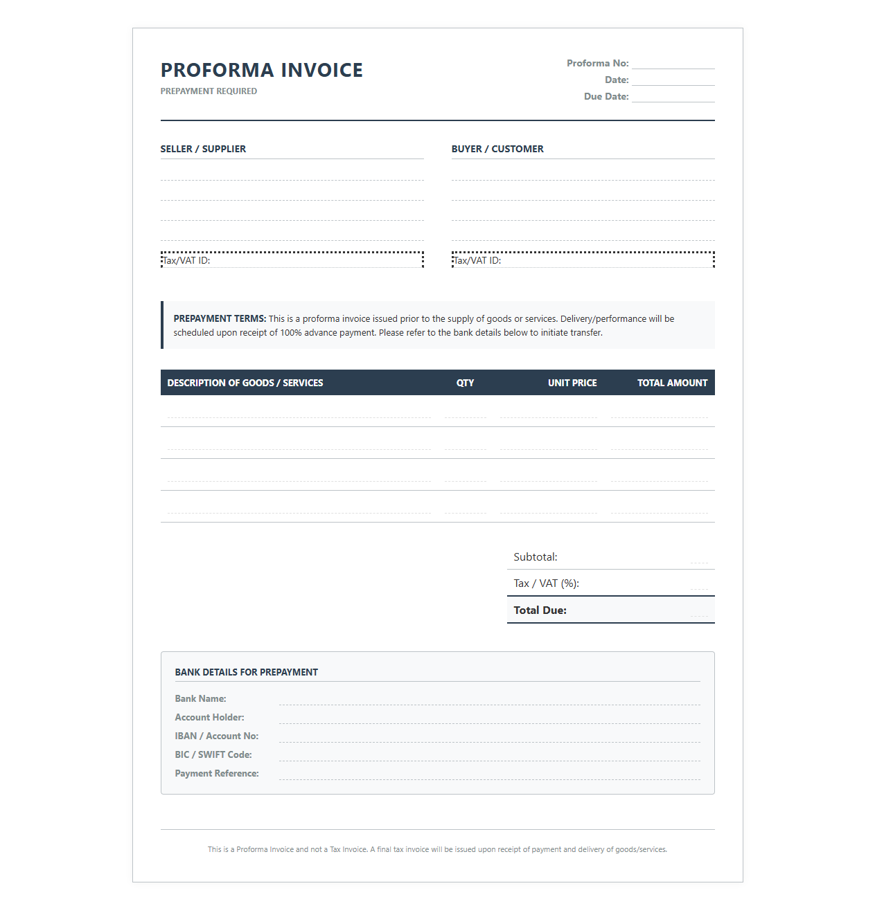 Prepayment Proforma Invoice Template