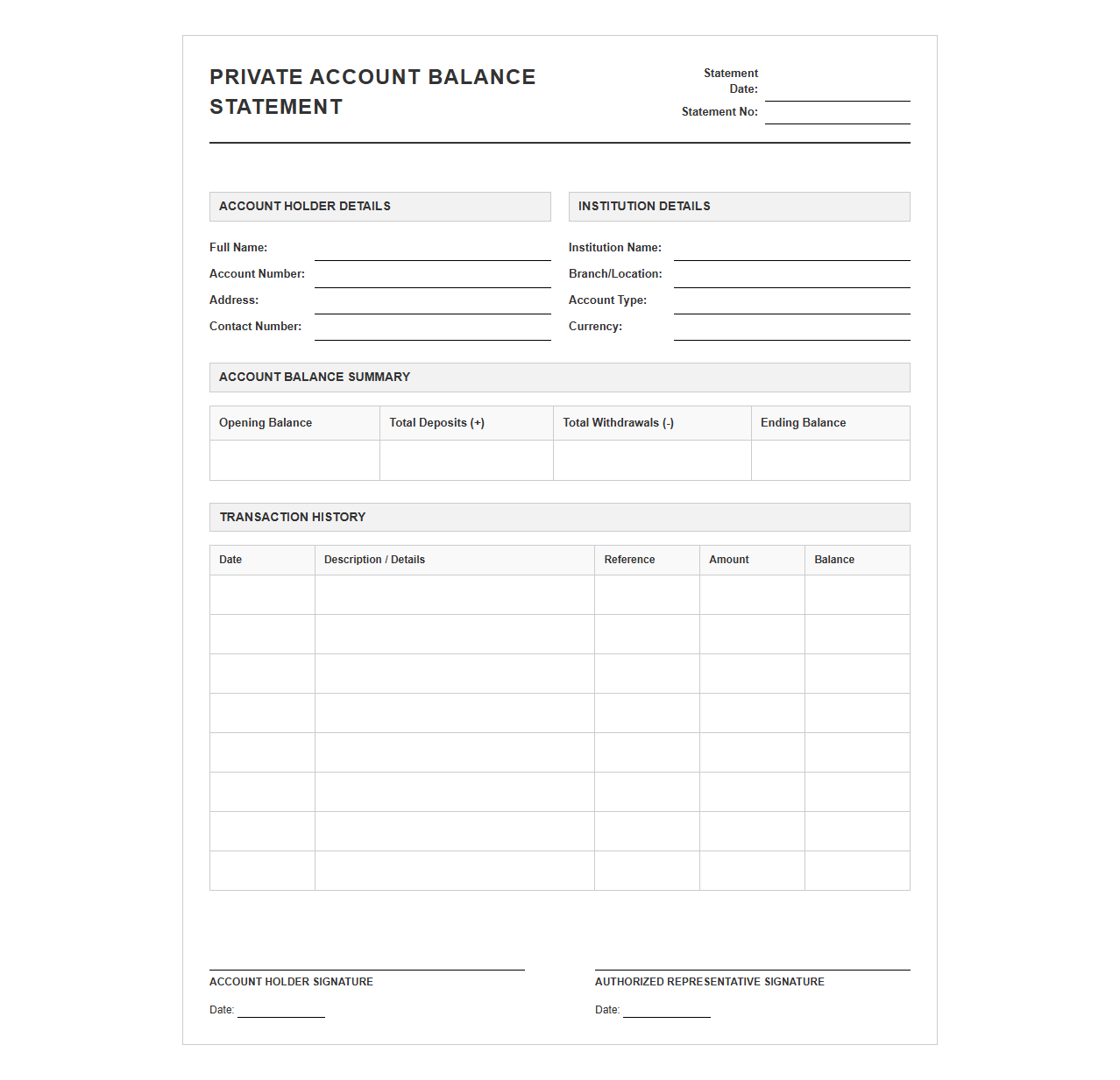 Private Account Balance Statement Form