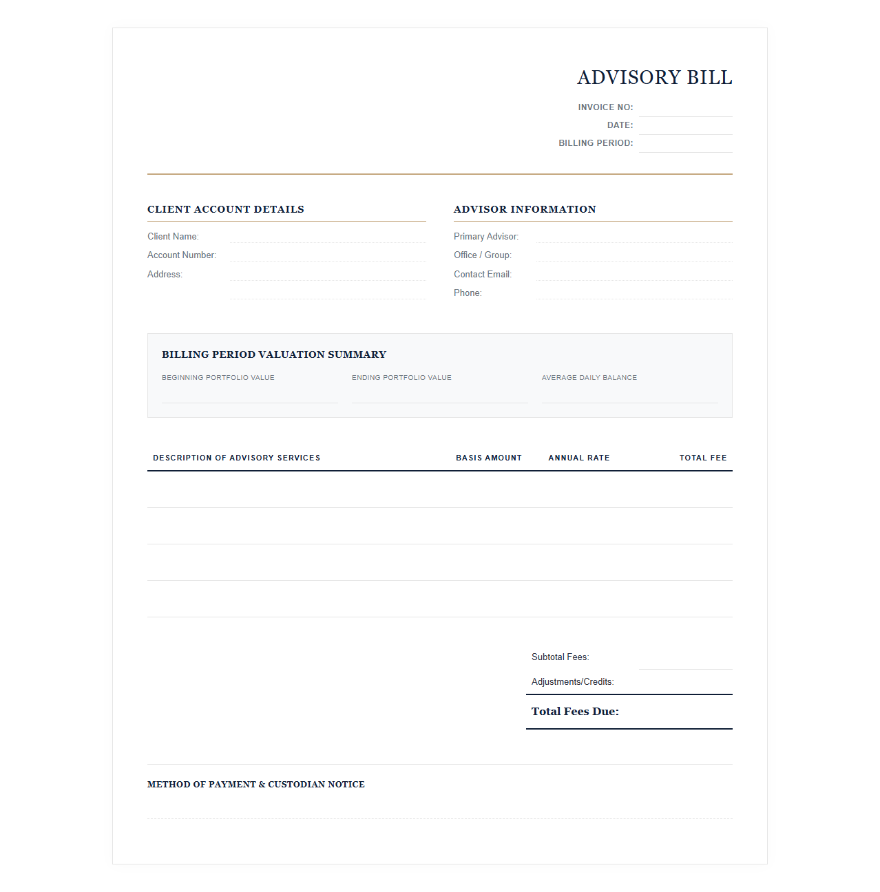 Private Wealth Advisory Client Bill Template