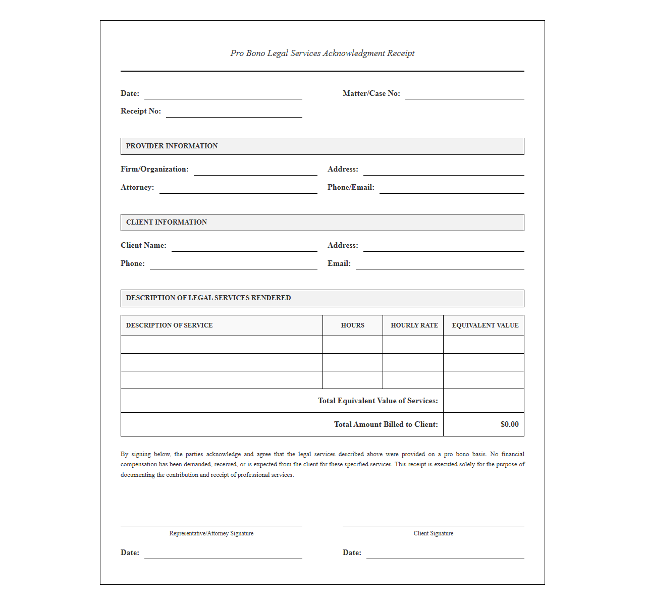 Pro Bono Legal Services Acknowledgment Receipt Form