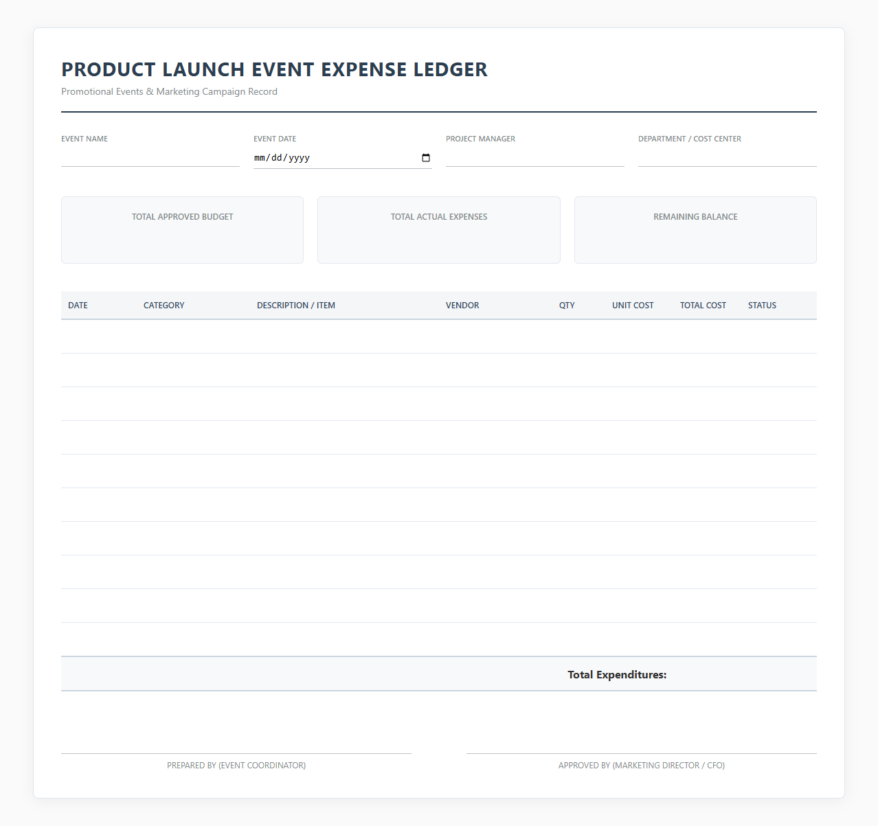 Product Launch Event Expense Ledger