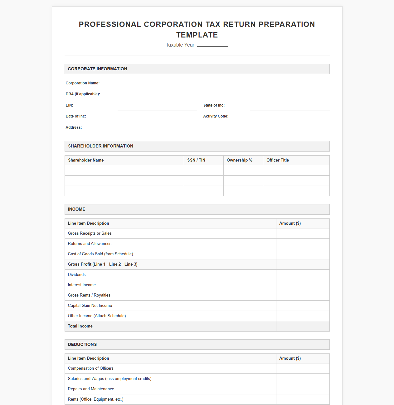Professional Corporation Tax Return Preparation Template