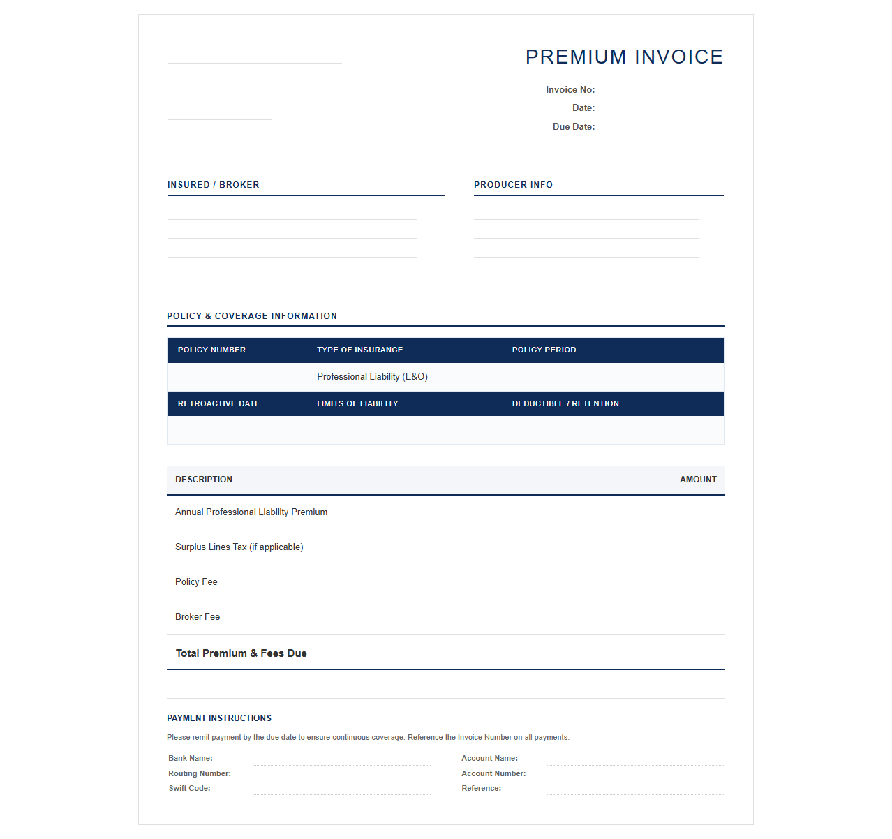 Professional Liability Insurance Invoice Template