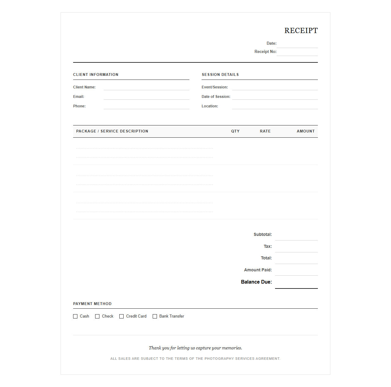 Professional Photography Package Sales Receipt