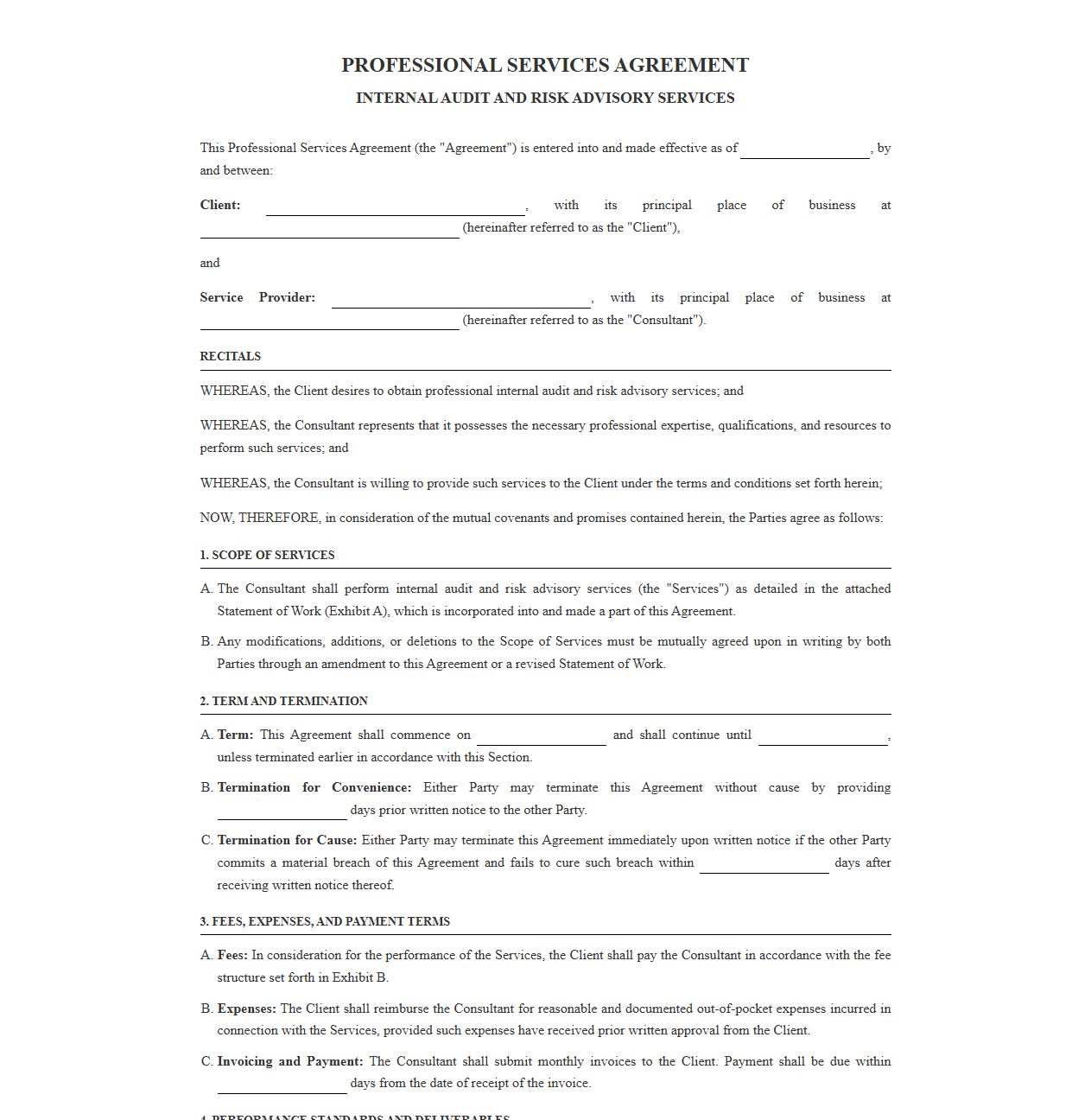 Professional Services Agreement for Internal Audit and Risk Advisory