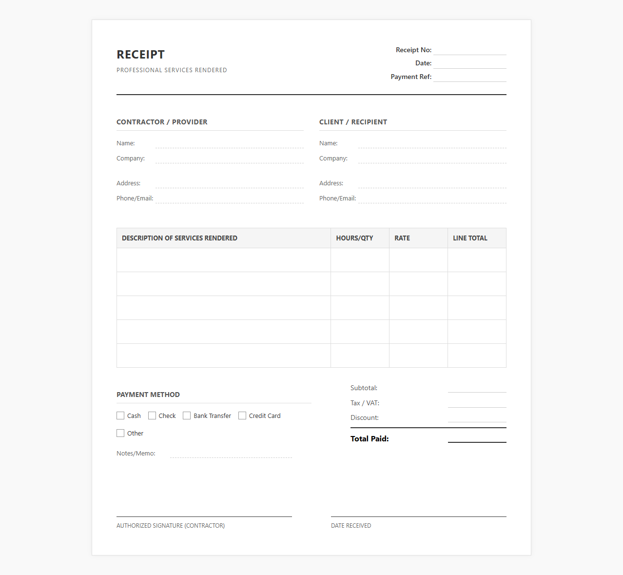 Professional Services Rendered Receipt Template