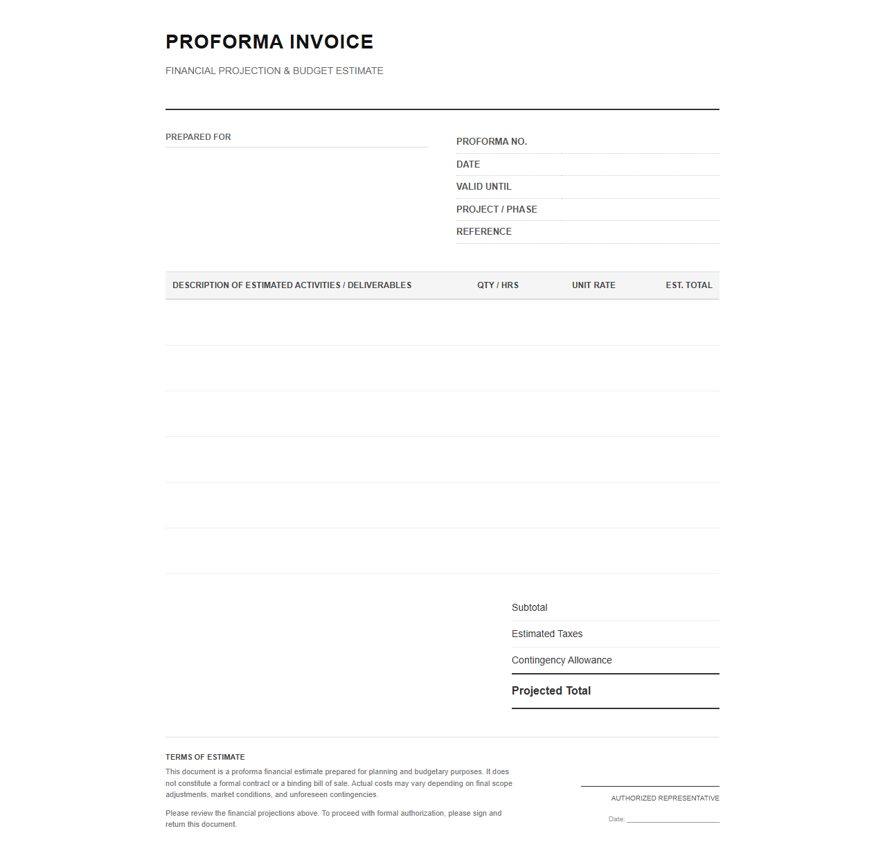Proforma Bill Template for Financial Projections