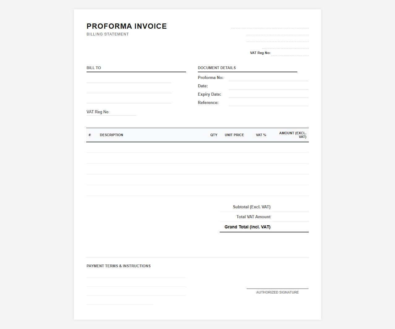 Proforma Billing Statement with Value Added Tax