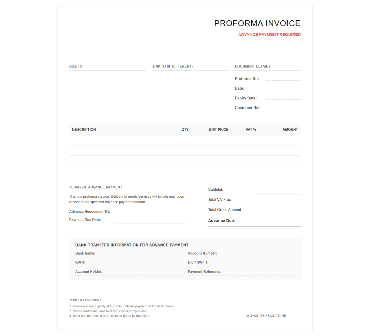 Proforma Invoice for Advance Payment