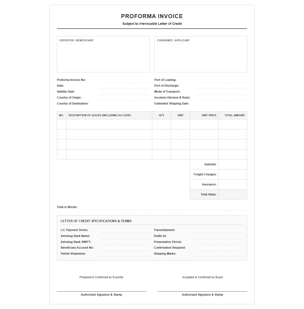 Proforma Invoice for Irrevocable Letter of Credit