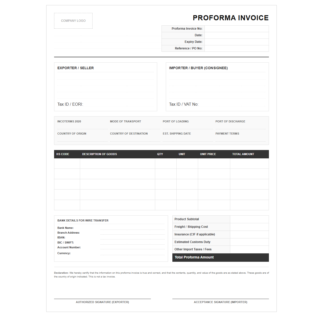 Proforma Invoice Template with Freight and Duty Costs
