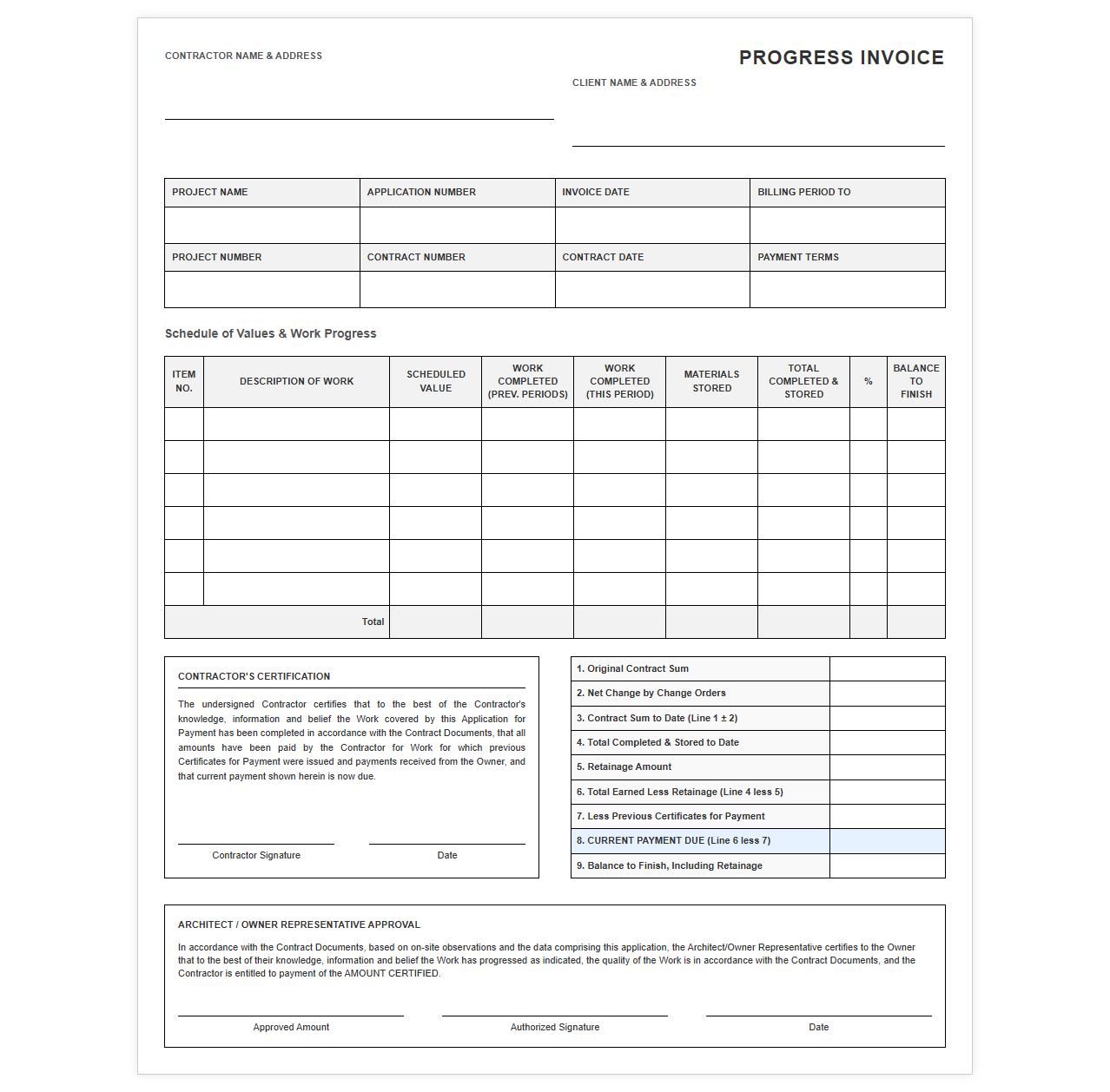 Progress Payment Invoice Form for Contractors
