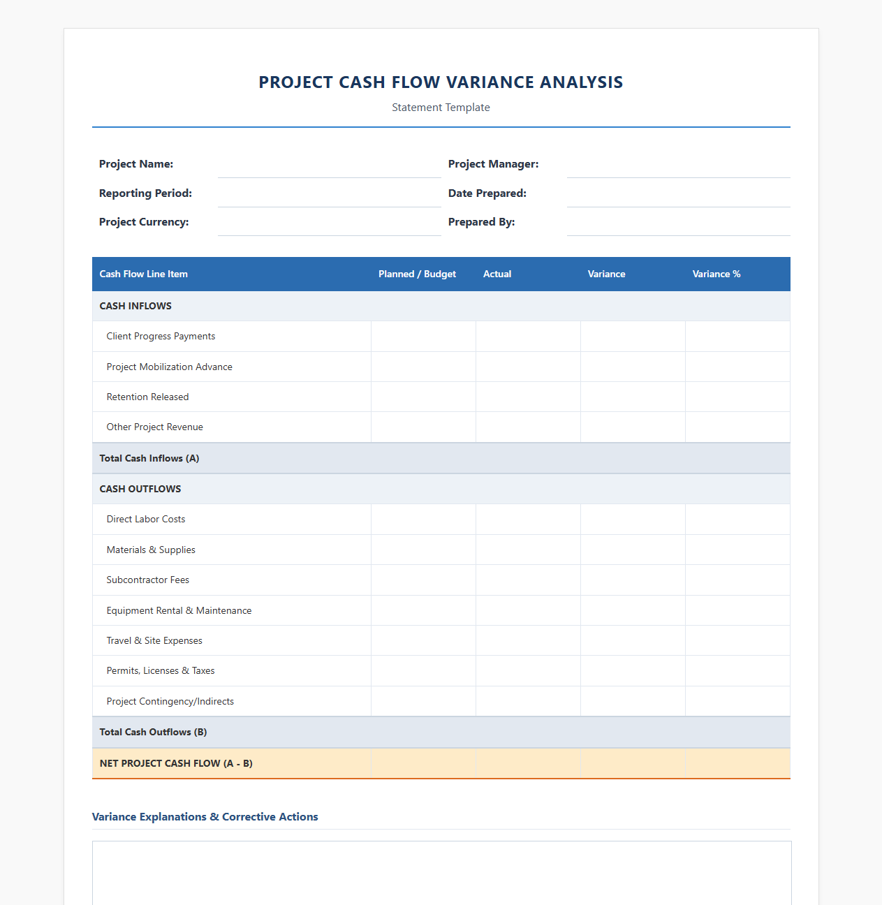 Project Cash Flow Variance Analysis Template