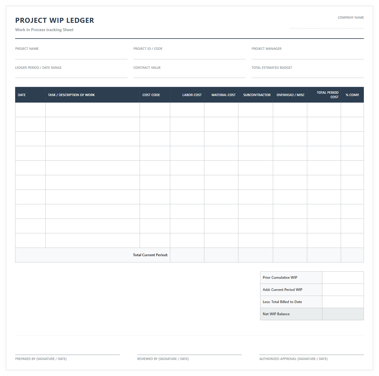 Project Work in Progress Ledger Template