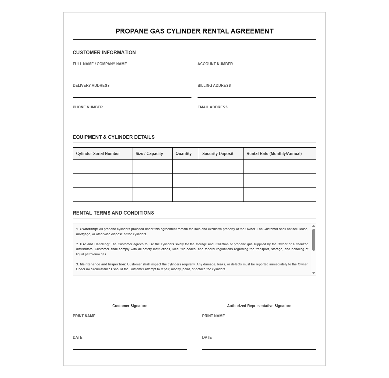 Propane Gas Cylinder Rental Agreement