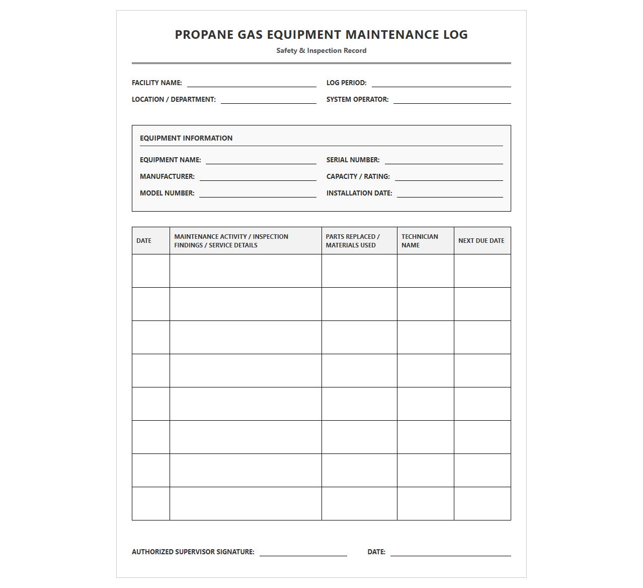 Propane Gas Equipment Maintenance Log