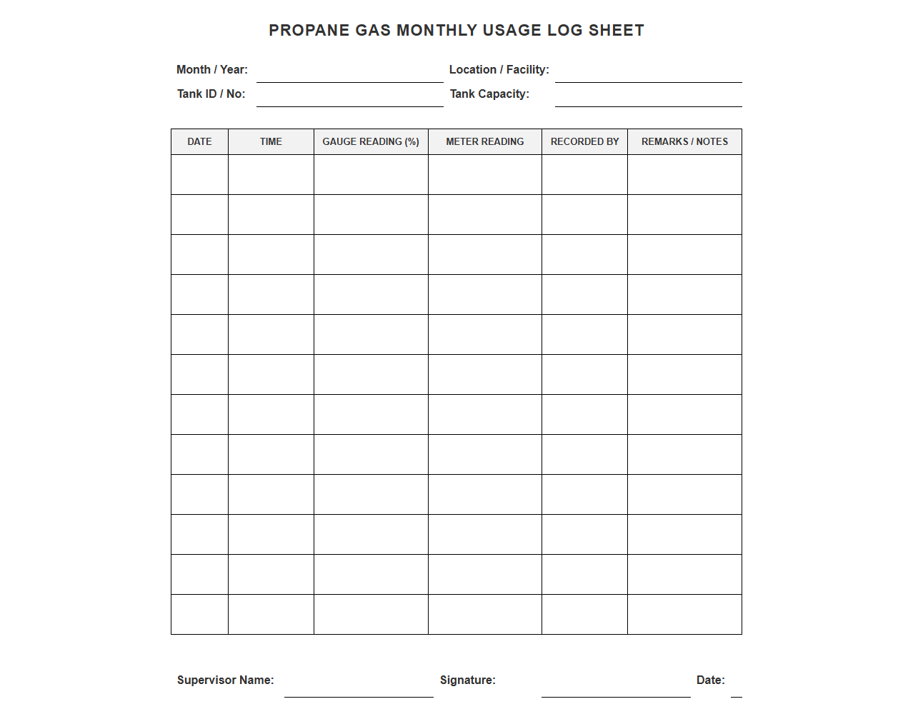 Propane Gas Monthly Usage Log Sheet
