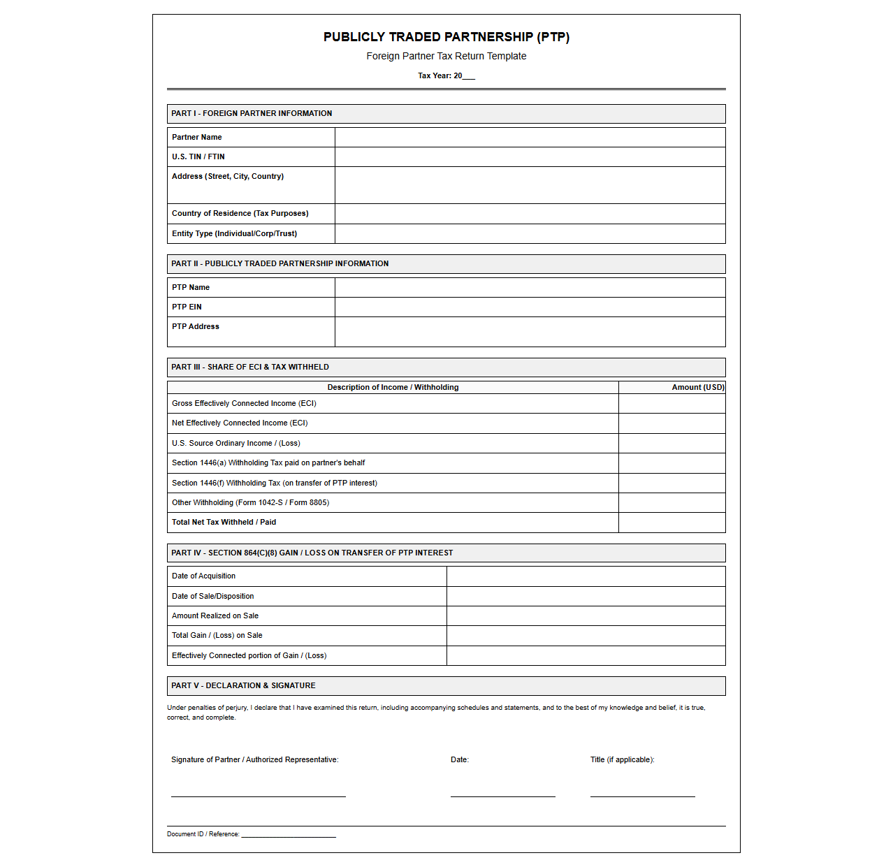 PTP Foreign Partner Tax Return Template