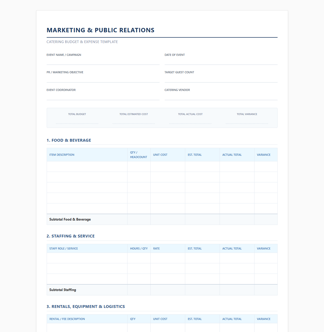 Public Relations and Marketing Catering Budget Template