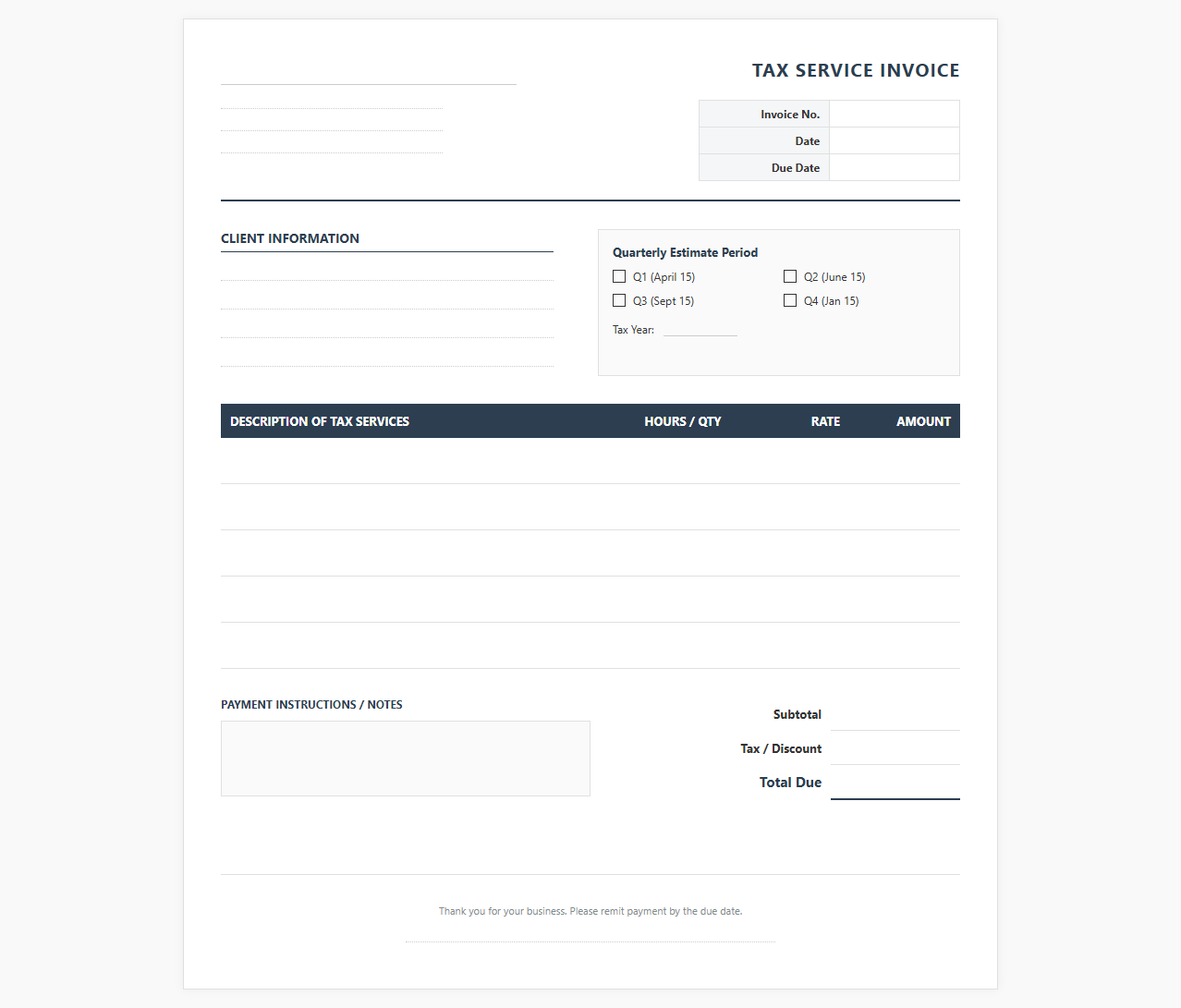 Quarterly Estimate Tax Service Invoice
