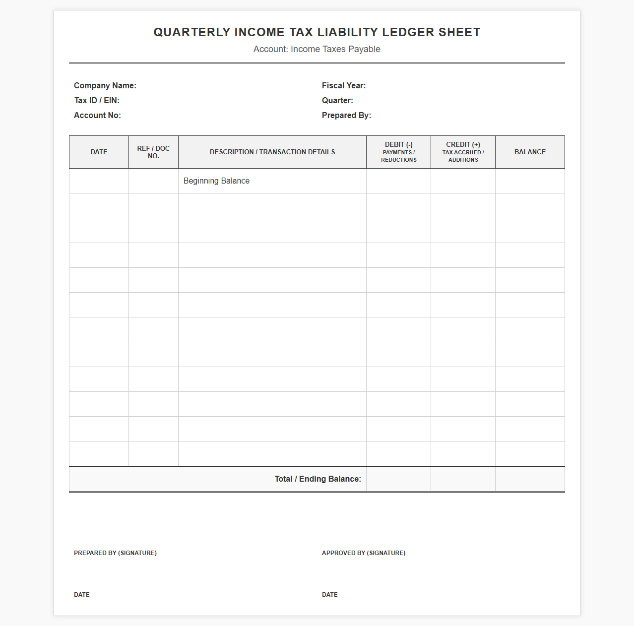 Quarterly Income Tax Liability Ledger Sheet