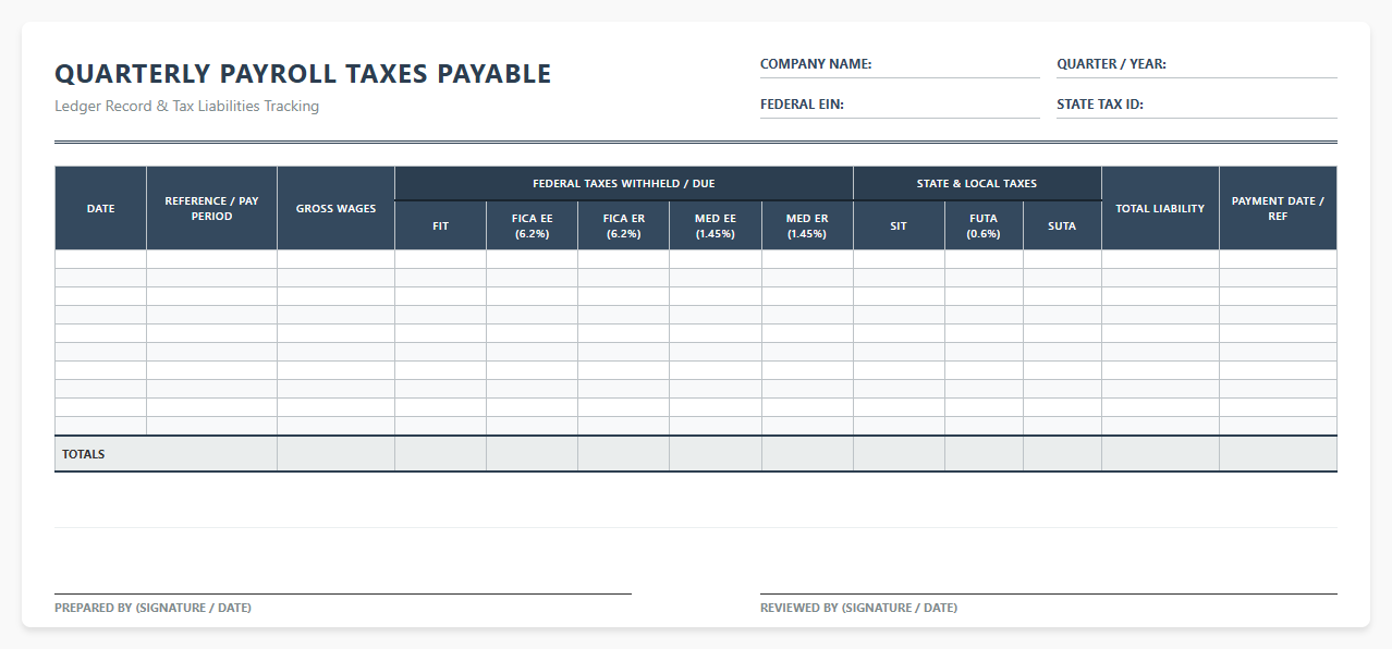 Quarterly Payroll Taxes Payable Record
