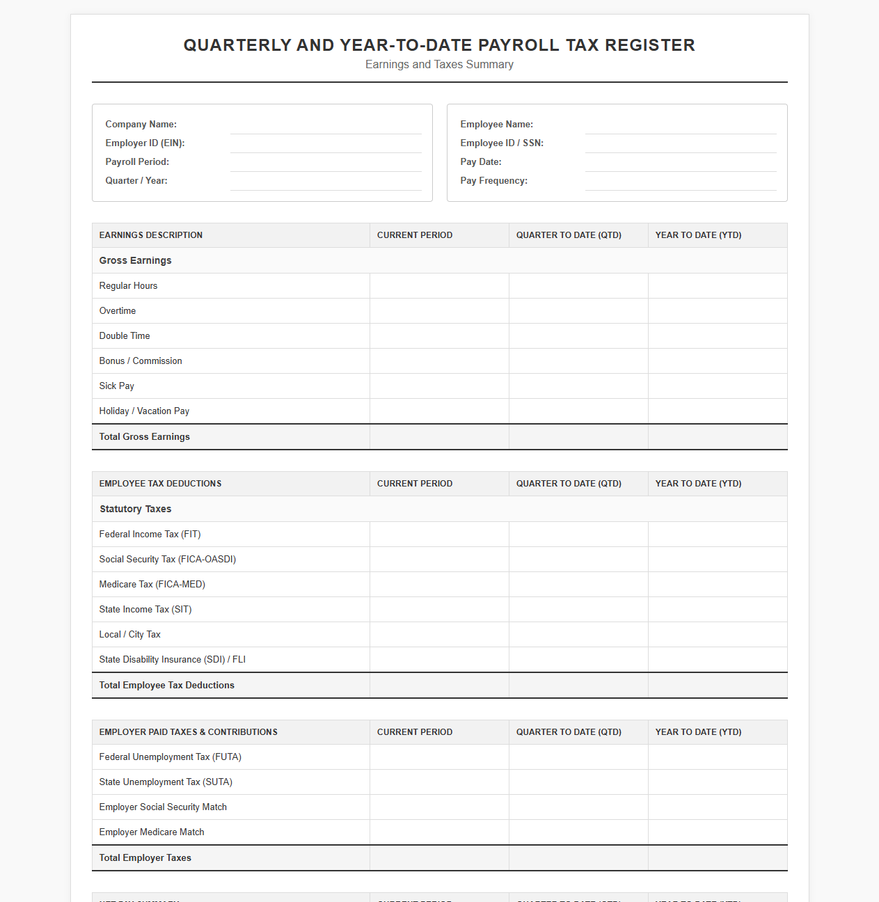 Quarterly and Year-to-Date Payroll Tax Template
