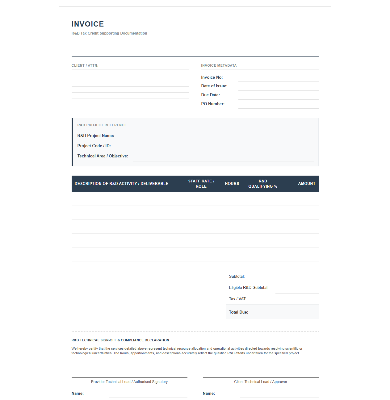 R&D Claim Supporting Invoice Template