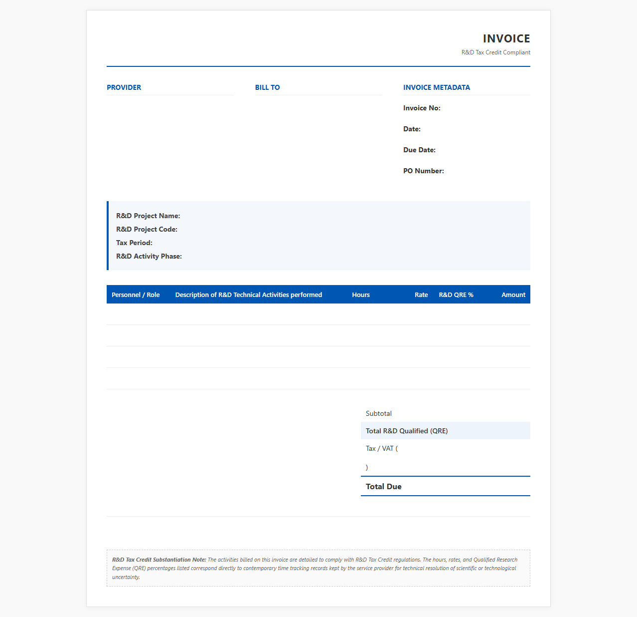 R&D Tax Credit Compliant Invoice